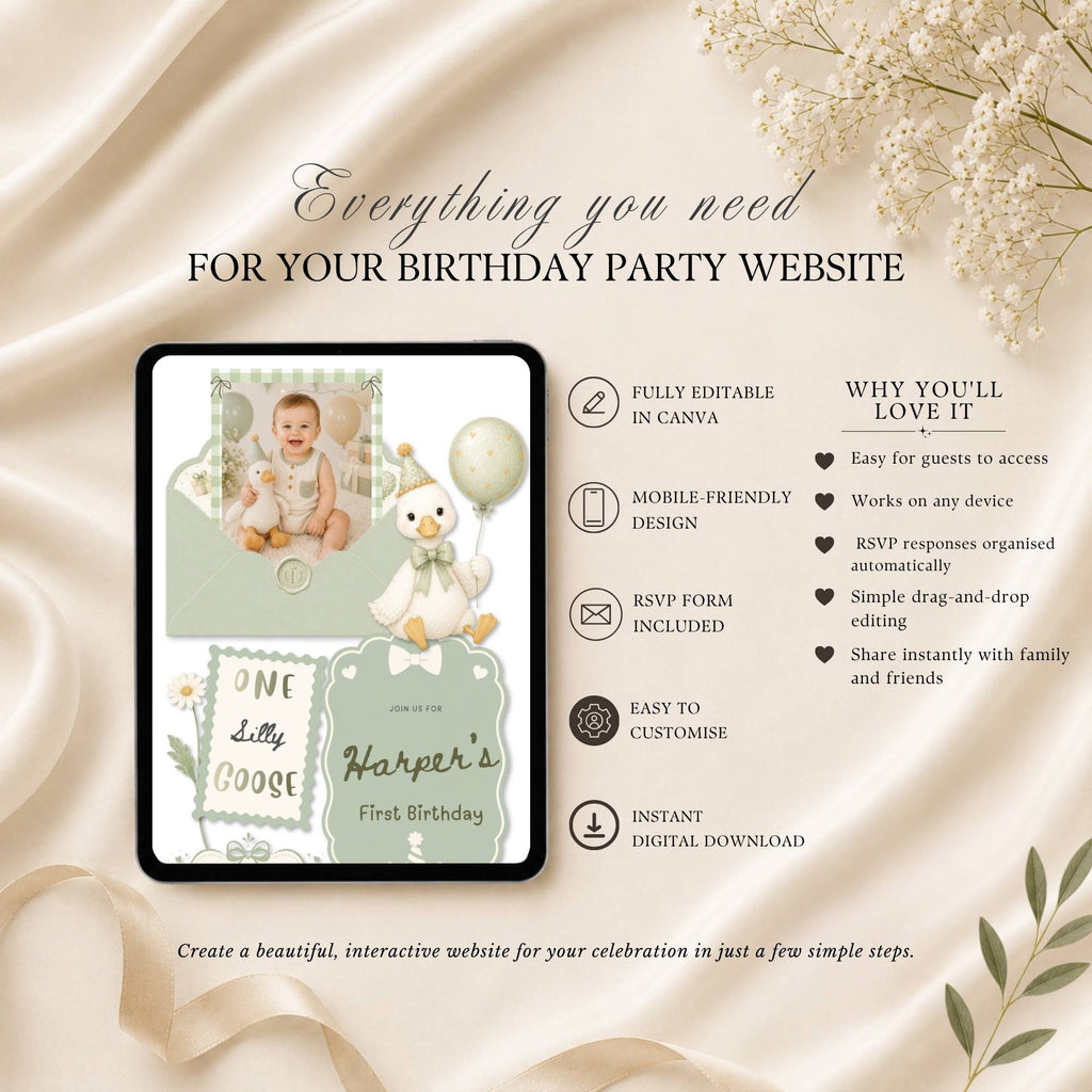 One Silly Goose birthday website template highlighting RSVP, mobile access, and editable Canva features.