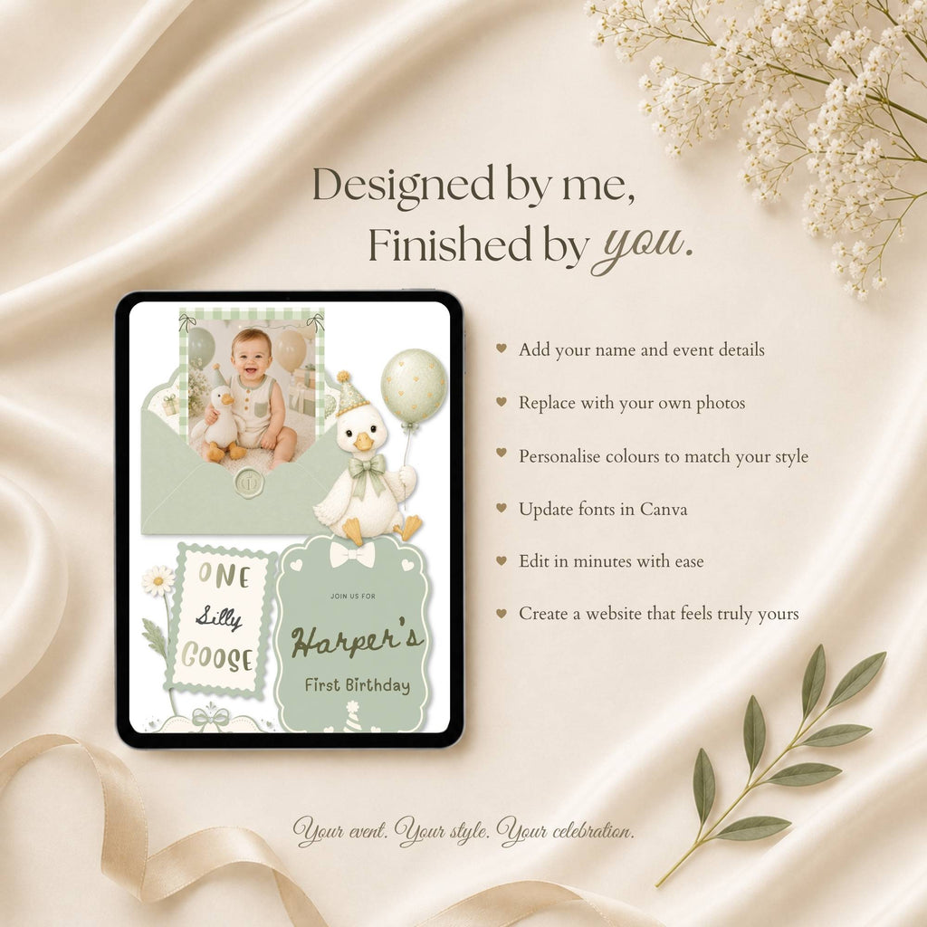 Editable One Silly Goose birthday website template with customizable photos, text, colours, and RSVP options.