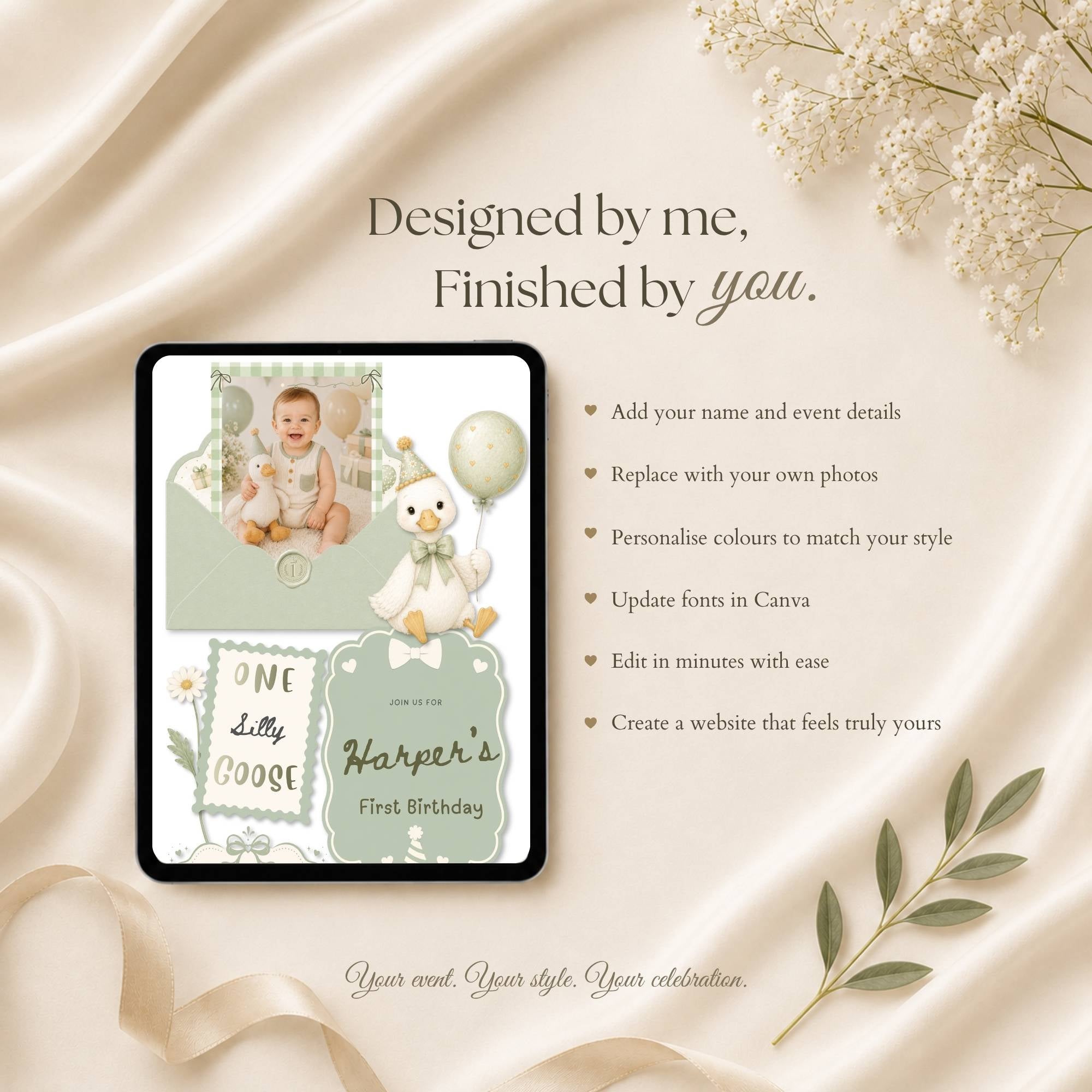 Editable One Silly Goose birthday website template with customizable photos, text, colours, and RSVP options.