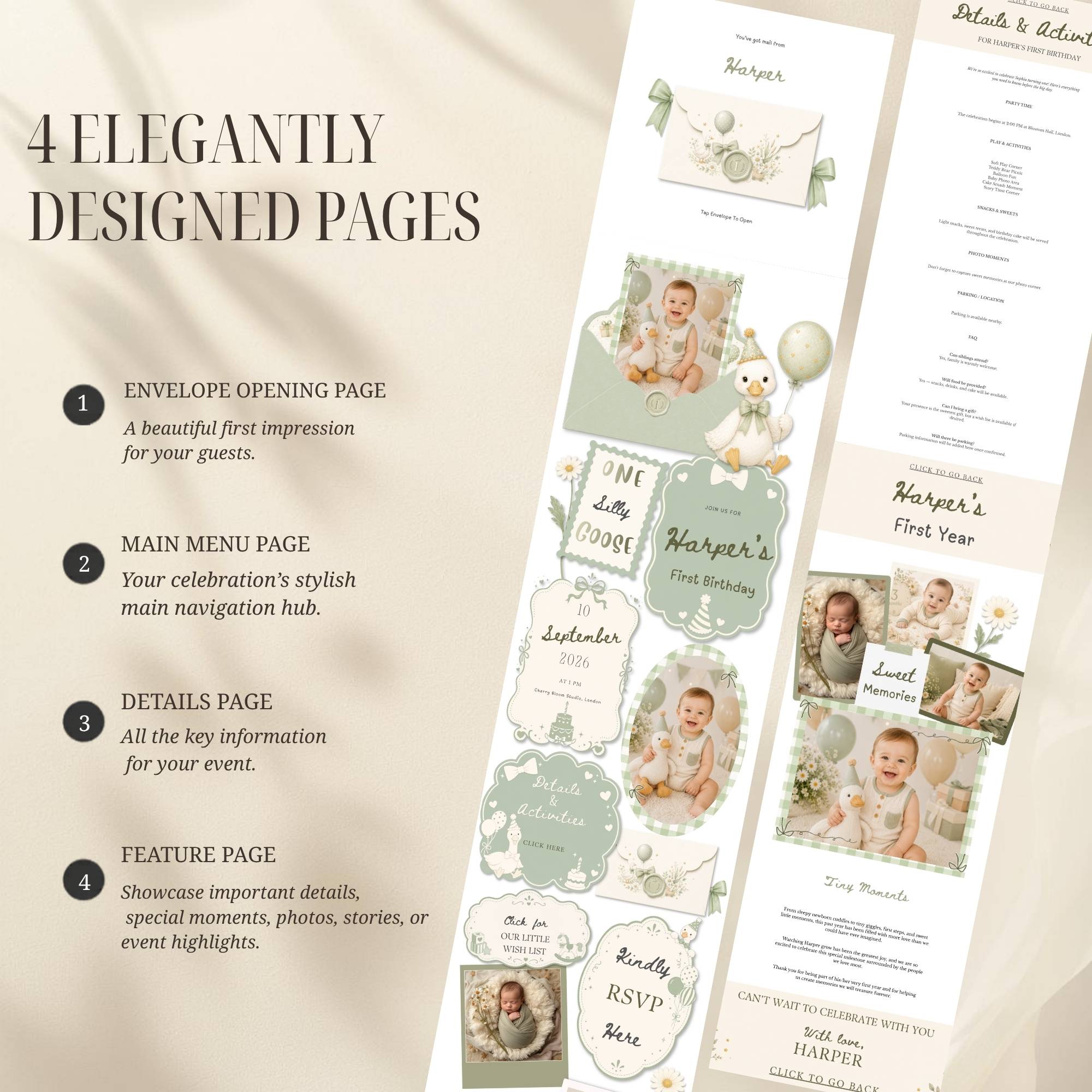 One Silly Goose birthday website displaying included pages such as RSVP, event details, and party information.