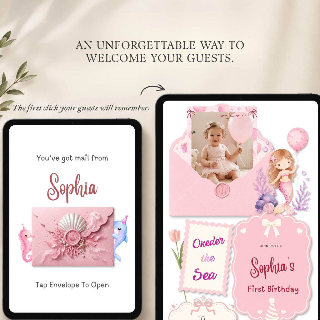 Detailed guide showing how to customize the Oneder the Sea birthday website template in Canva.