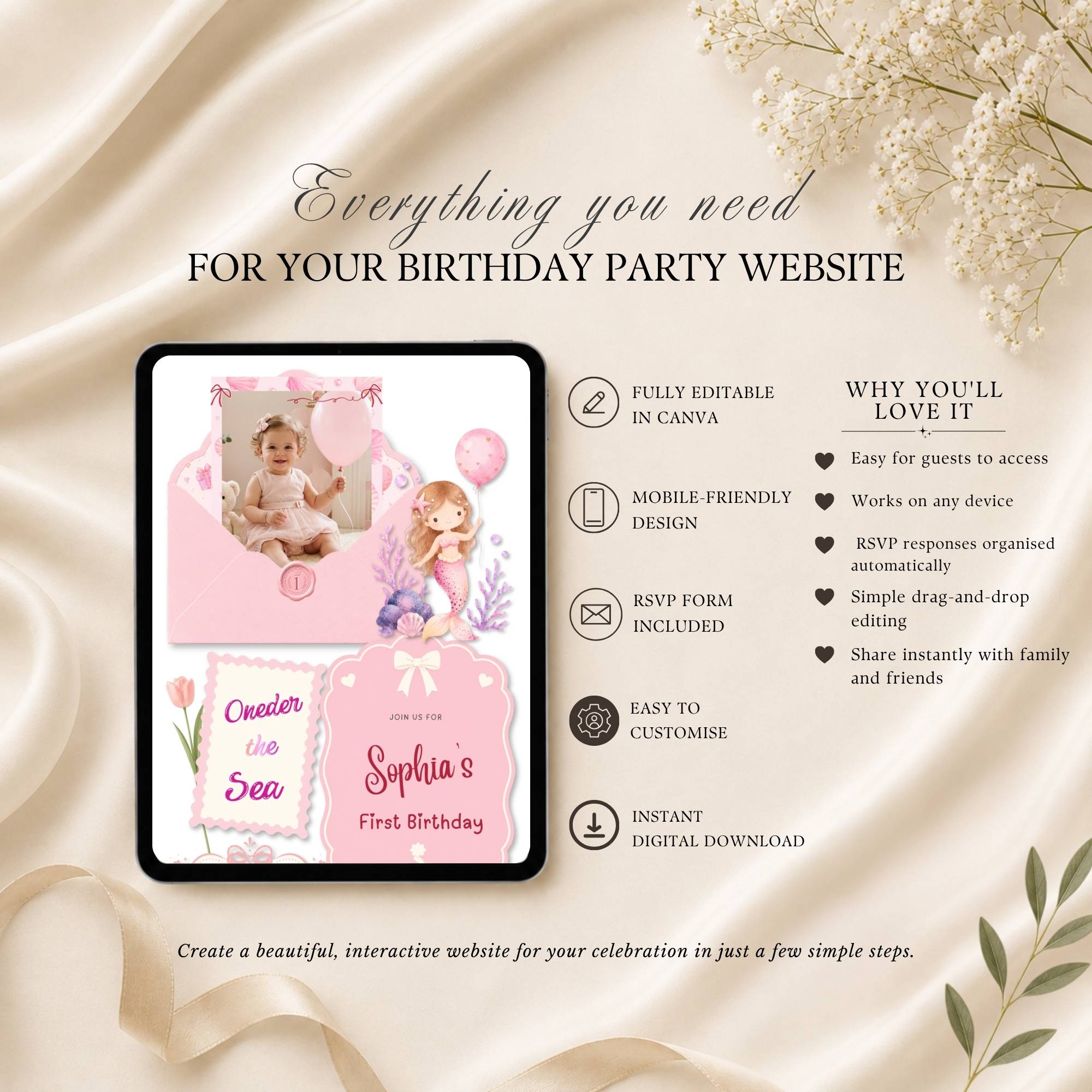 Oneder the Sea Birthday Website Template, Editable Canva Birthday Website with RSVP