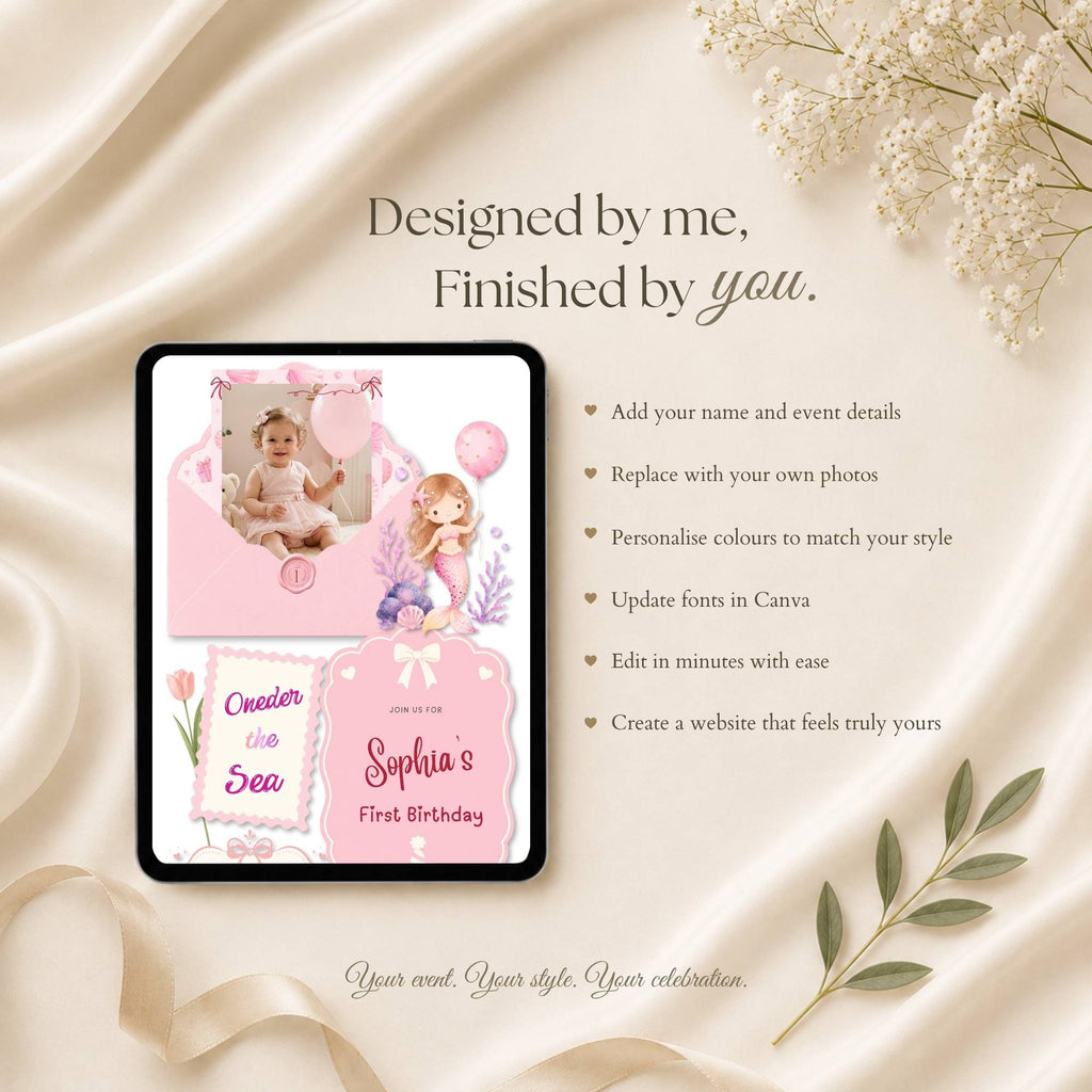 Fully customizable mermaid birthday website template with editable photos, colors, fonts, and party details.