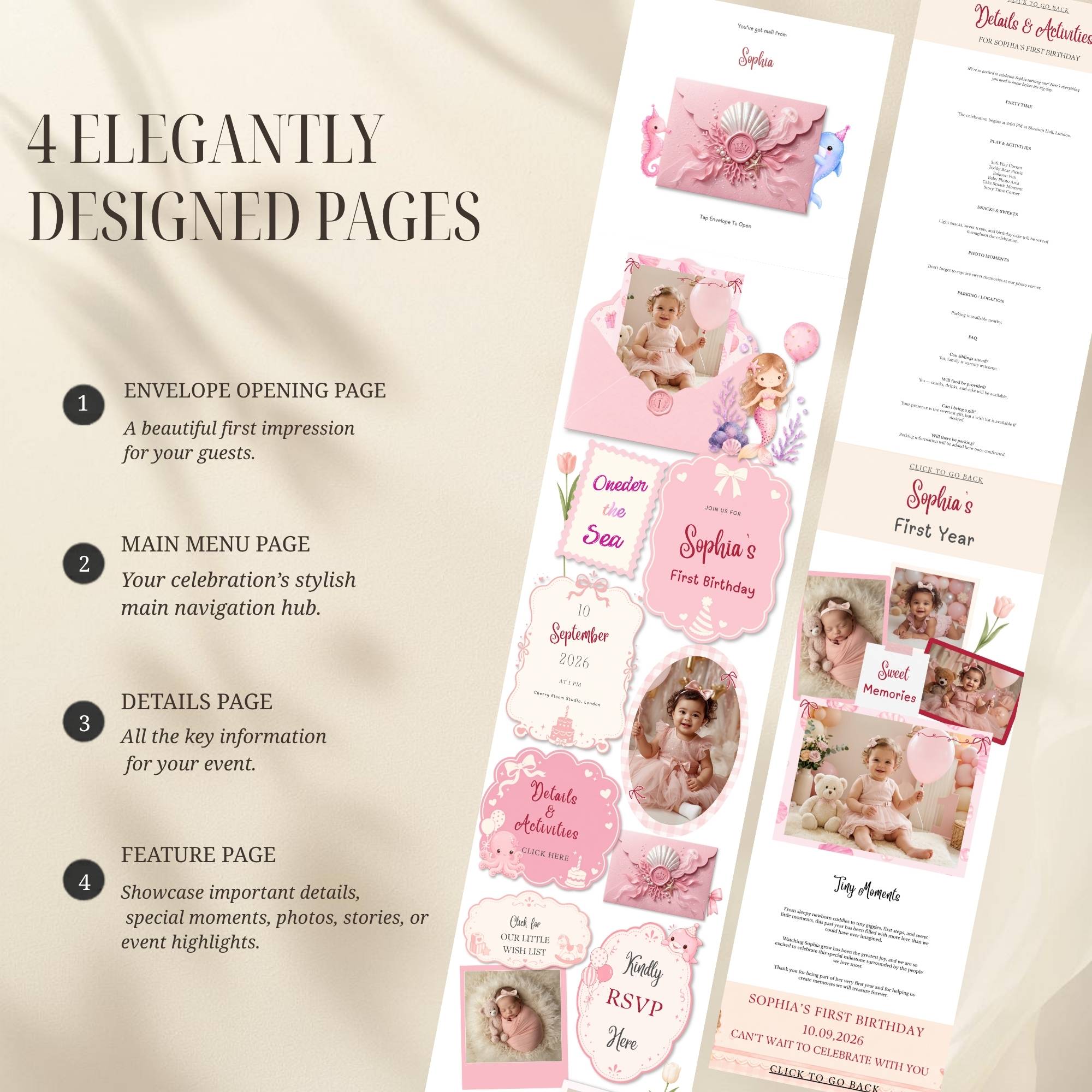 Preview of all included pages in the Oneder the Sea birthday website template.