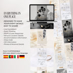 Fully customizable passport wedding website with editable photos, wedding details, venue information, RSVP, accommodation and registry links.