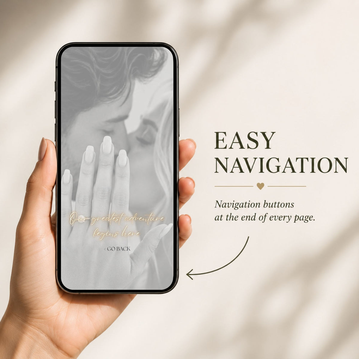 Mobile passport wedding website showing easy navigation buttons that guide wedding guests to each invitation section.