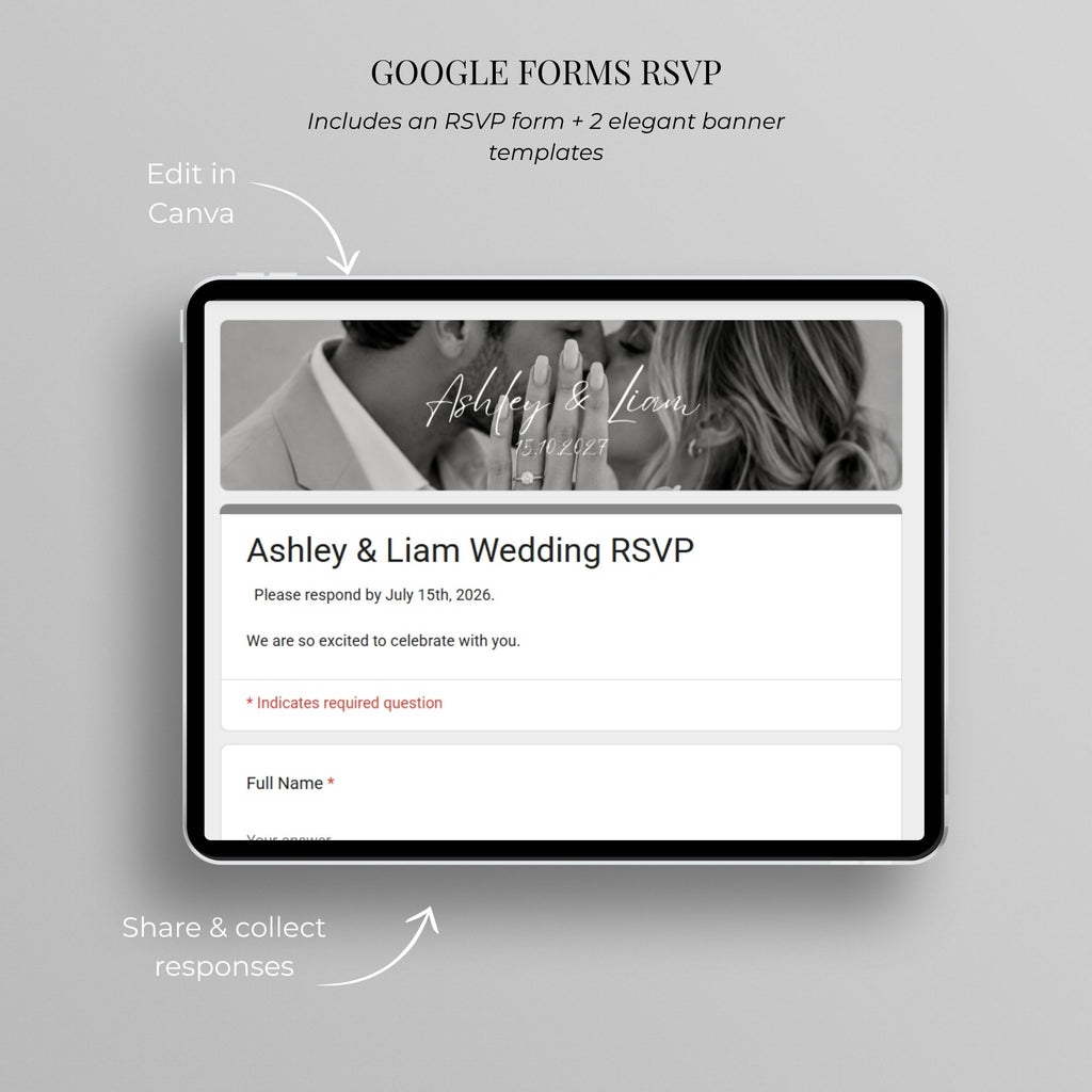 Passport wedding website with Google Forms RSVP for collecting and managing guest responses online.