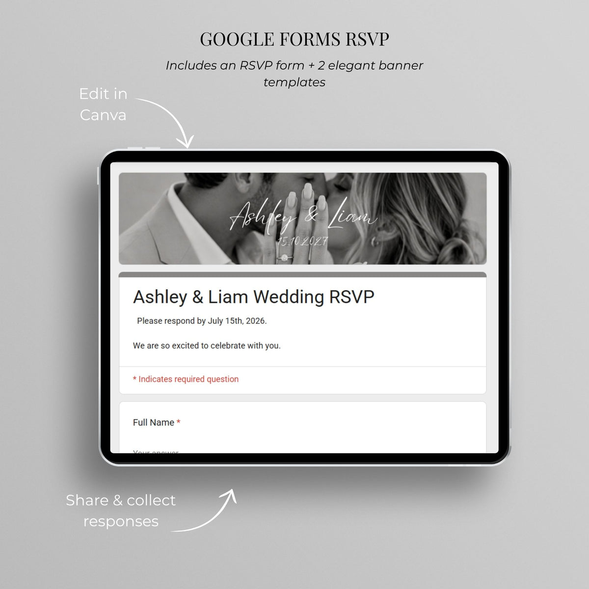 Passport wedding website with Google Forms RSVP for collecting and managing guest responses online.