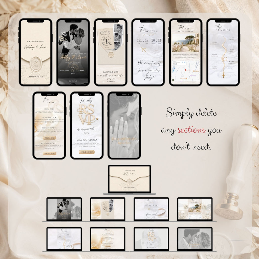 Passport wedding website template showing the included interactive wedding pages, invitation sections and destination details.