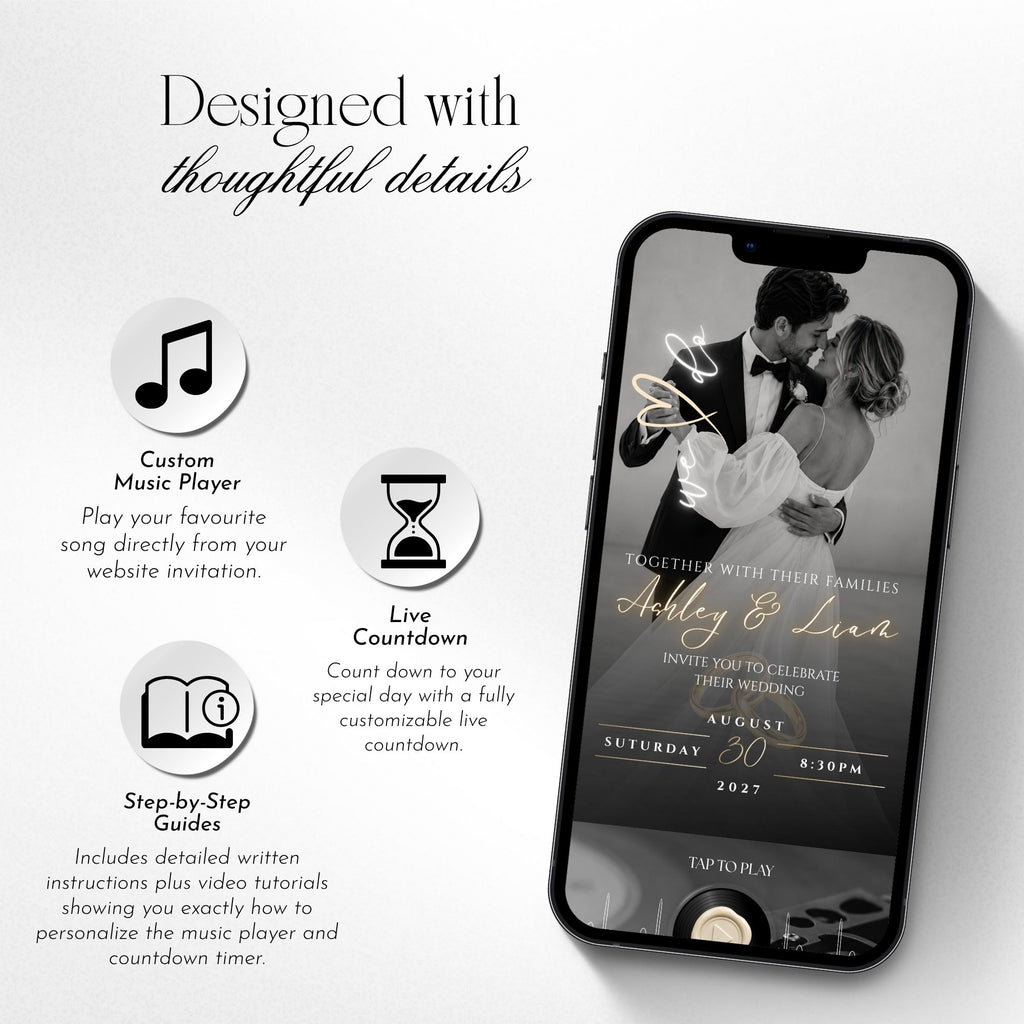 Interactive passport wedding website with custom music player, live countdown and step-by-step editing guide.