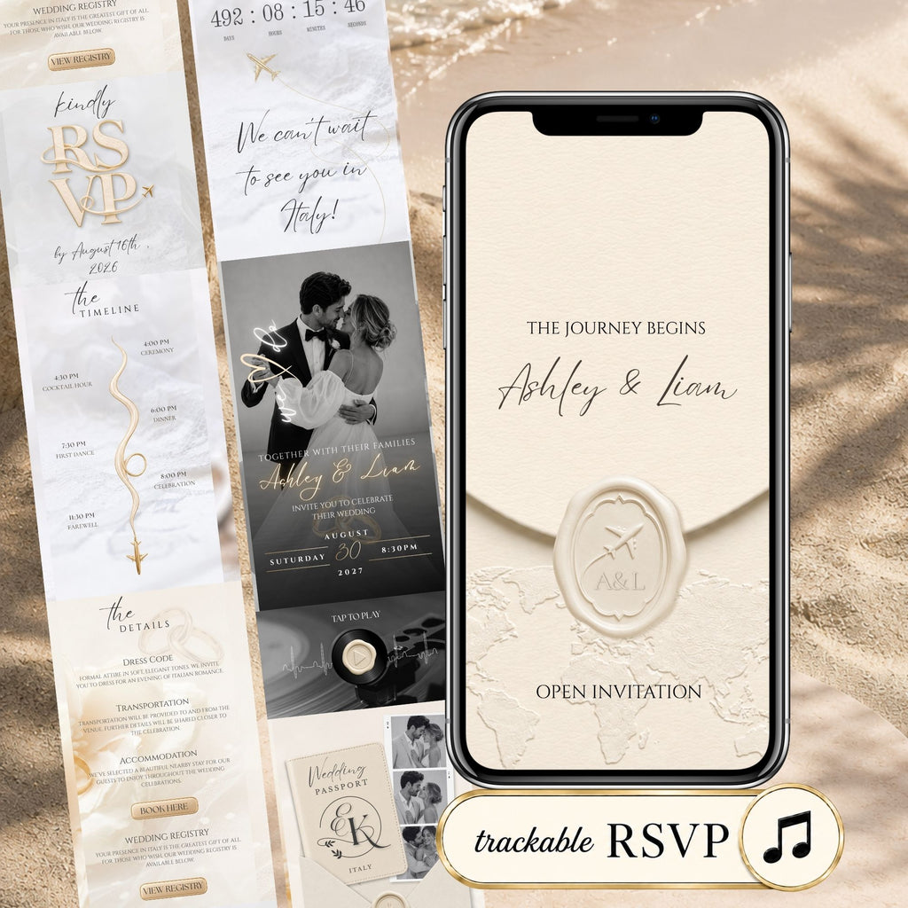 Passport wedding website invitation with online RSVP, music, wedding countdown and interactive destination wedding details.