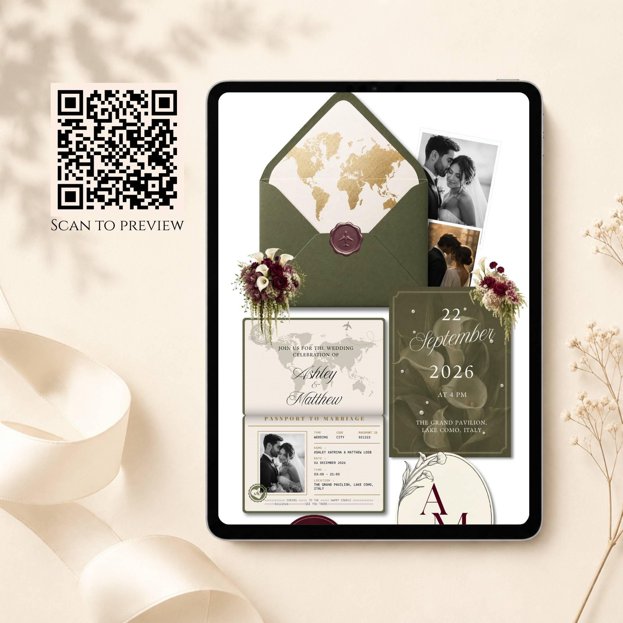Mobile view of passport wedding website template with destination wedding theme