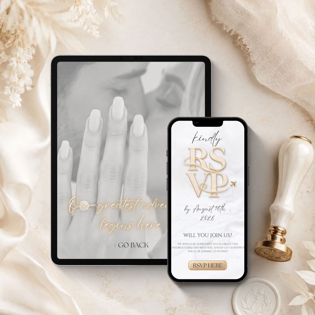 Interactive passport wedding website with custom music player, live wedding countdown and elegant mobile invitation design.