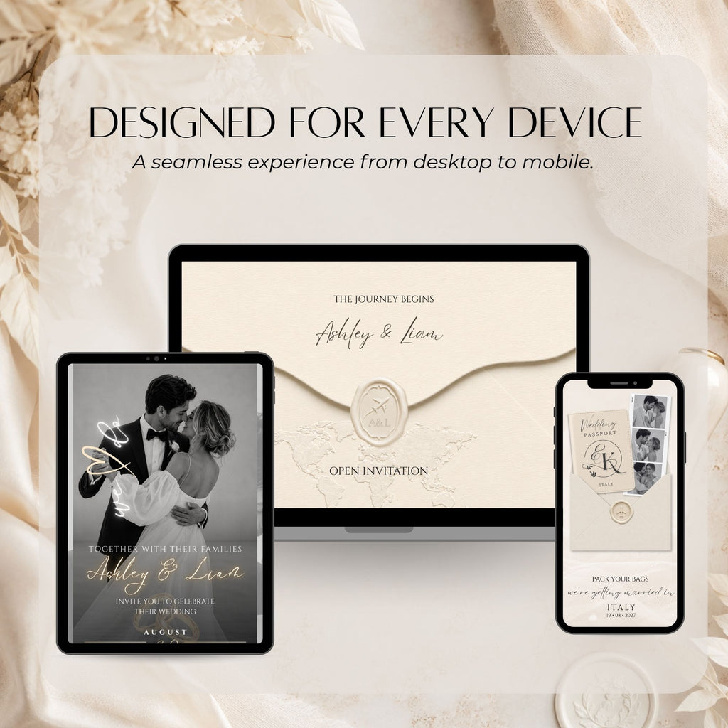 Passport wedding website displayed across phone, tablet and desktop showing a responsive invitation experience for wedding guests.