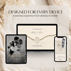 Passport wedding website displayed across phone, tablet and desktop showing a responsive invitation experience for wedding guests.