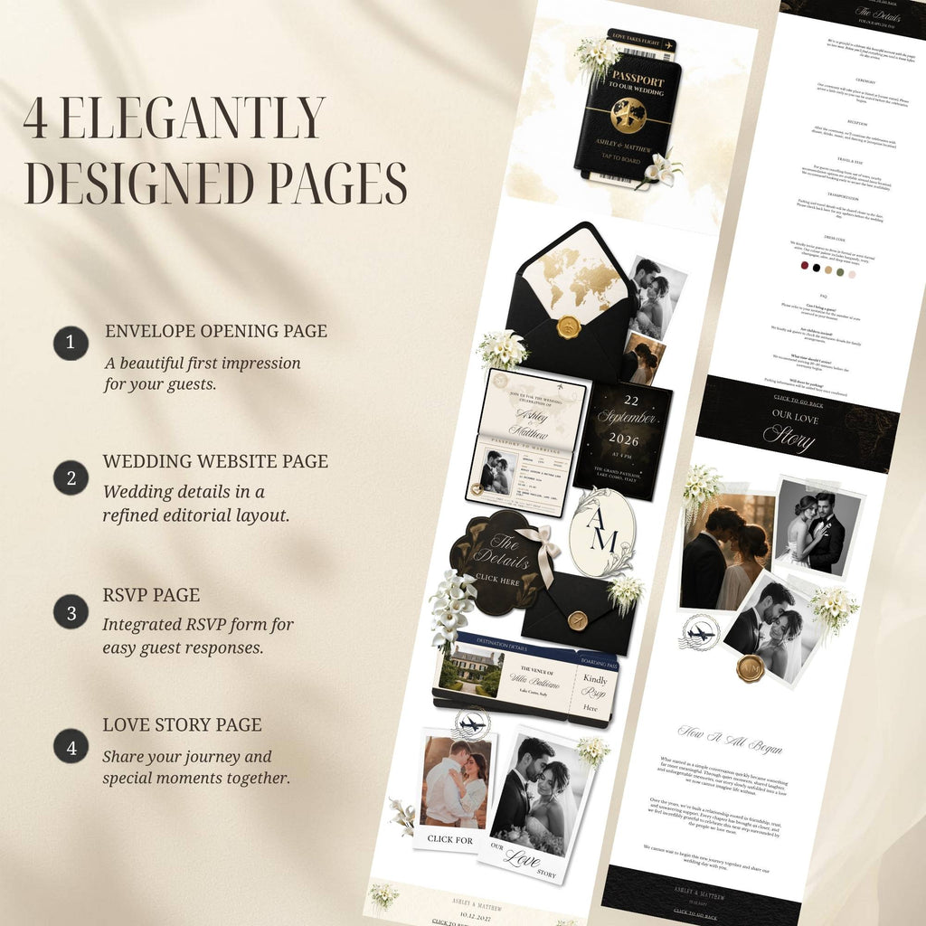 Editable RSVP page included with black destination wedding website template.