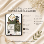 Destination wedding website template showing four editable pages including RSVP and love story sections