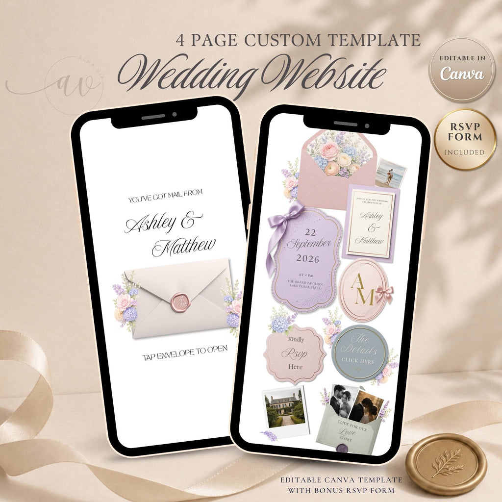 Pastel floral wedding website template with RSVP form and envelope opening page