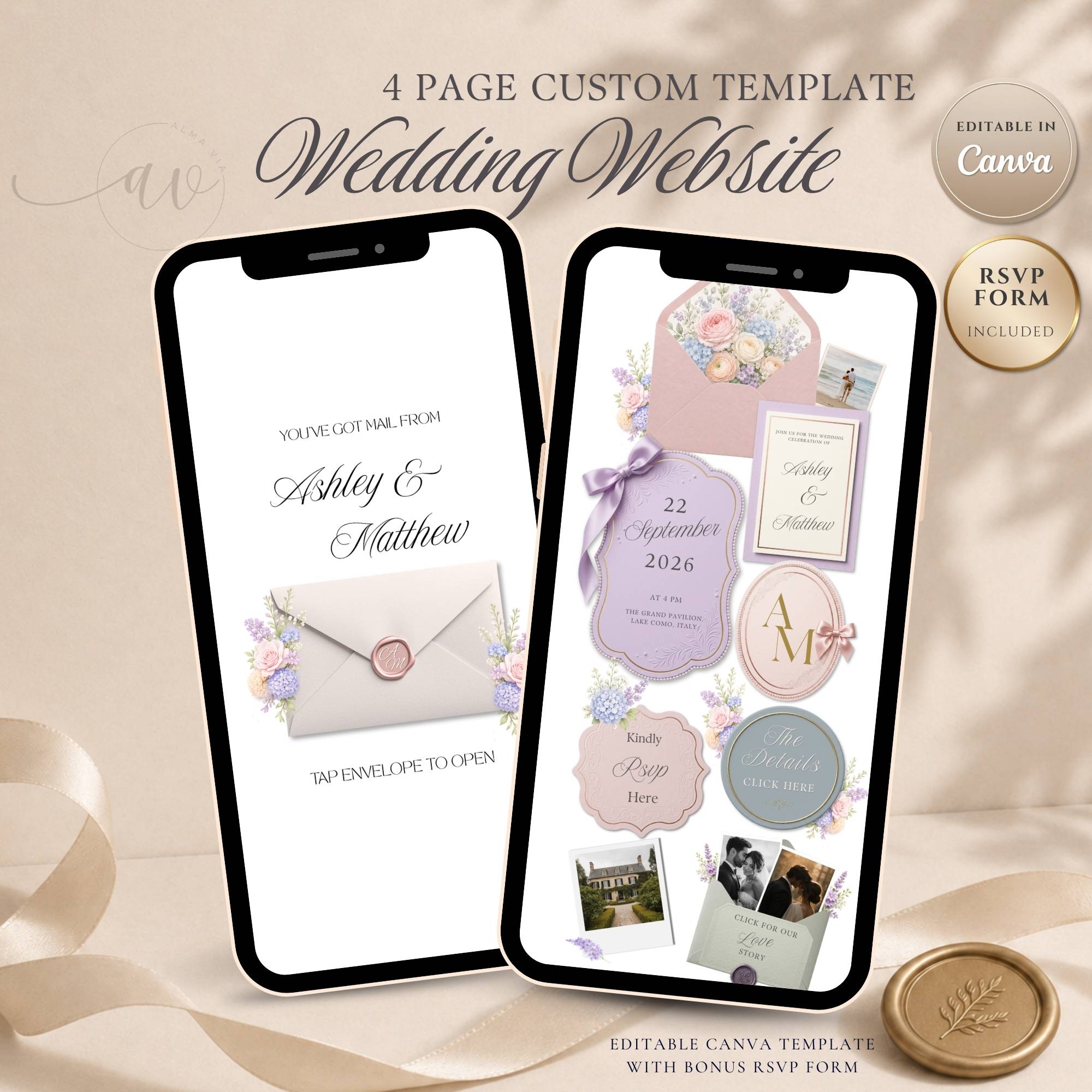 Pastel floral wedding website template with RSVP form and envelope opening page