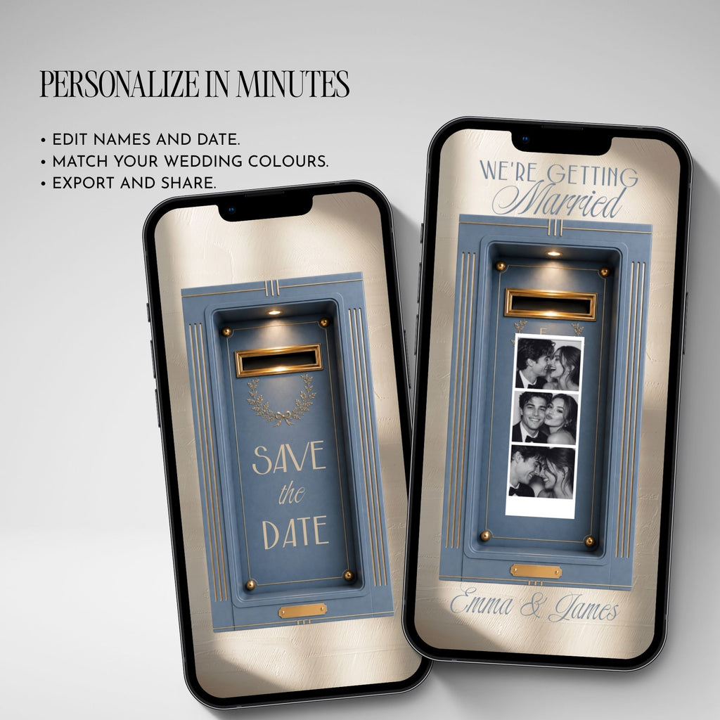 Editable blue photo booth Save the Date video template with customisable colours to match your wedding style.