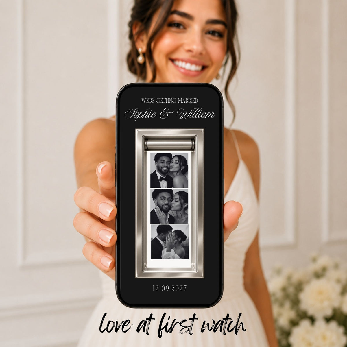 Photo booth wedding video invitation displayed on a mobile phone with black and gold styling and personalized photo strip.
