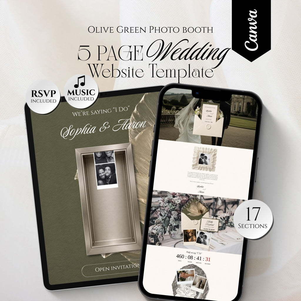 Photo booth wedding website template featuring an elegant olive green wedding website with RSVP.