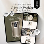 Photo booth wedding website template featuring an elegant olive green wedding website with RSVP.