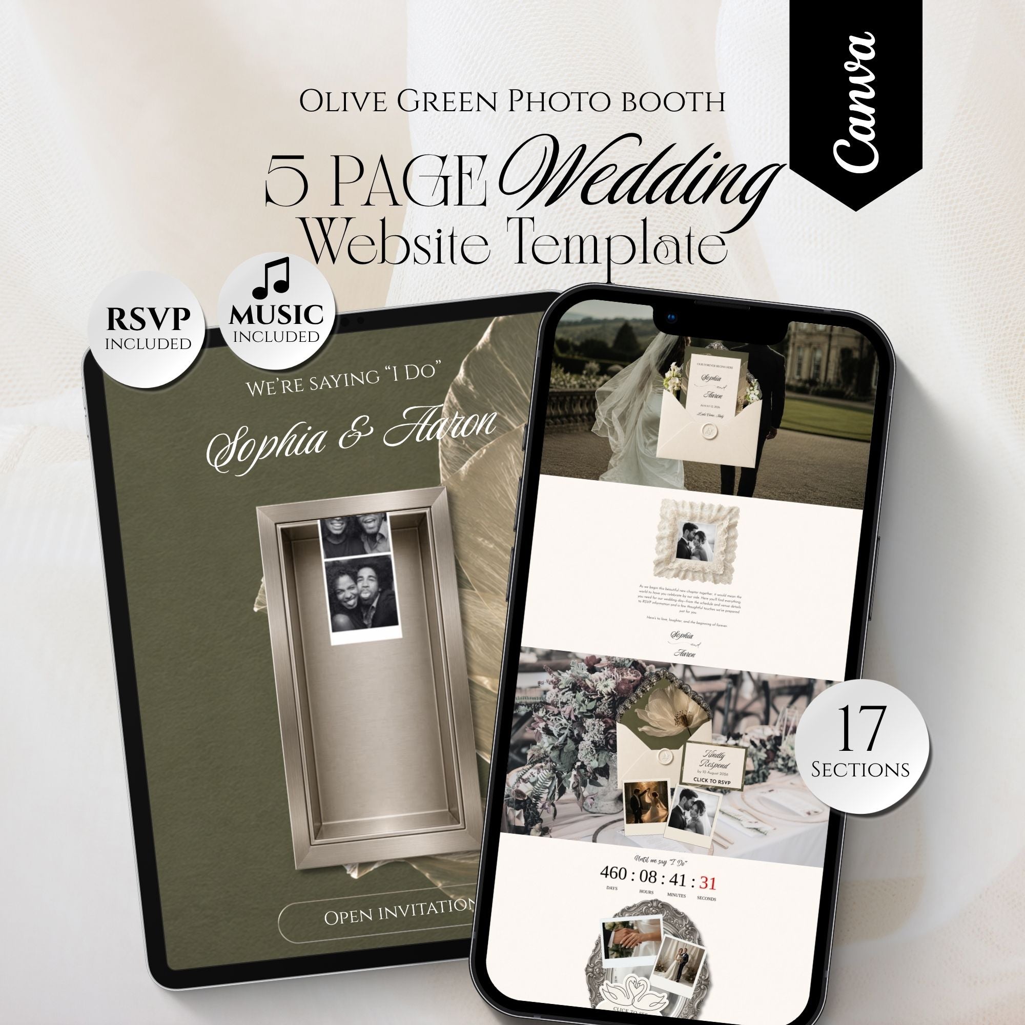 Photo booth wedding website template featuring an elegant olive green wedding website with RSVP.