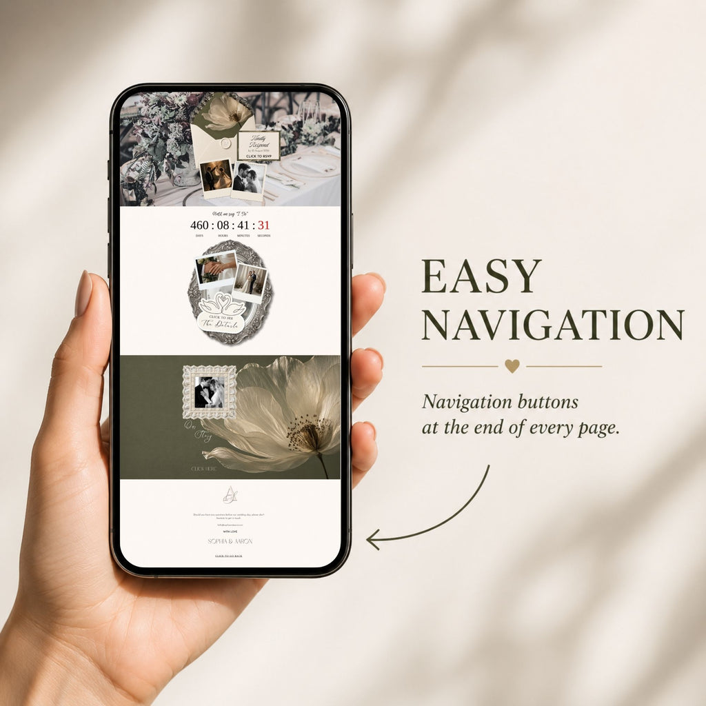 Mobile-friendly photo booth wedding website with simple navigation and RSVP access.