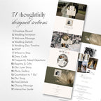 Wedding website template featuring photo booth, event details, RSVP form, countdown, registry, and gallery.