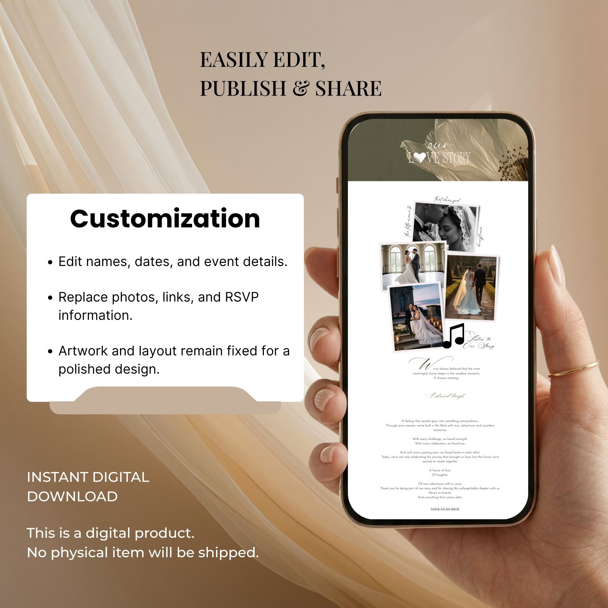Editable Canva photo booth wedding website template with customizable colors, fonts, text, and photos.