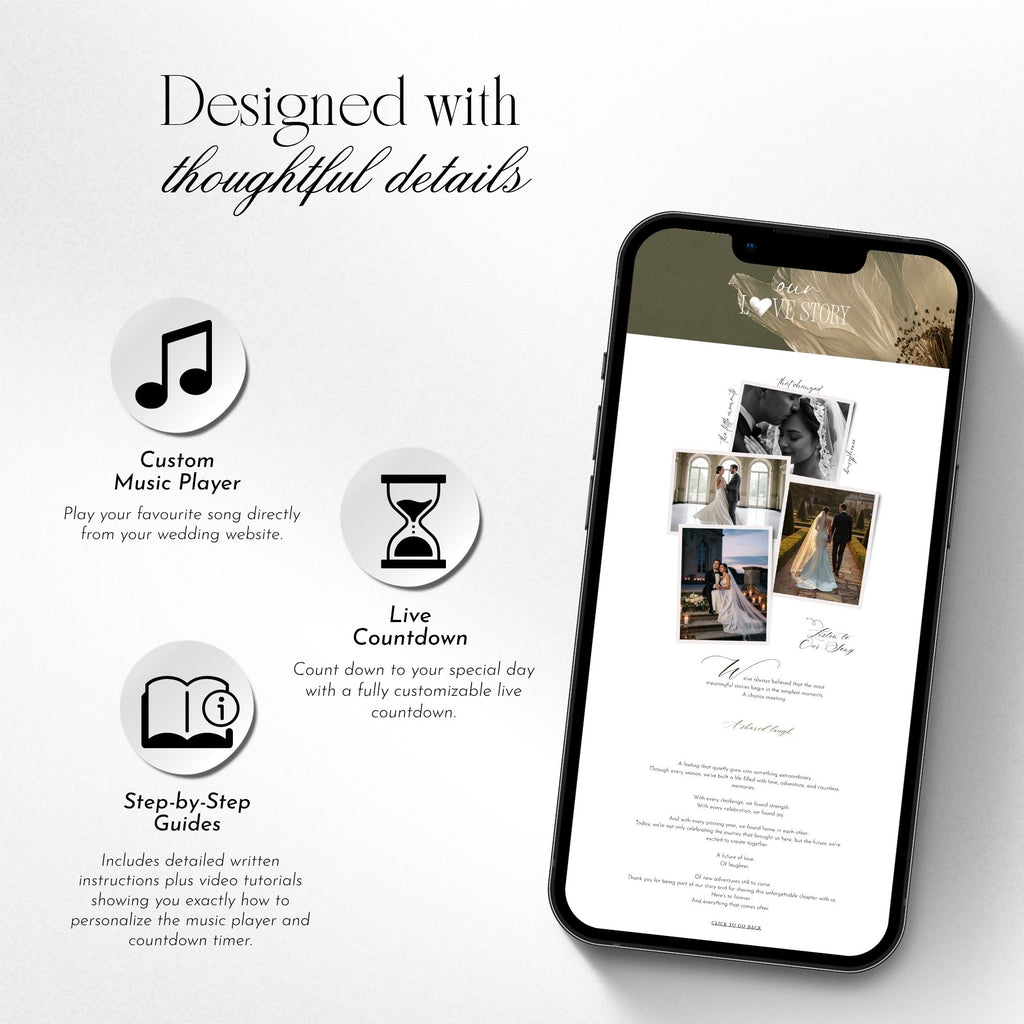 Fully editable photo booth wedding website template designed in Canva.