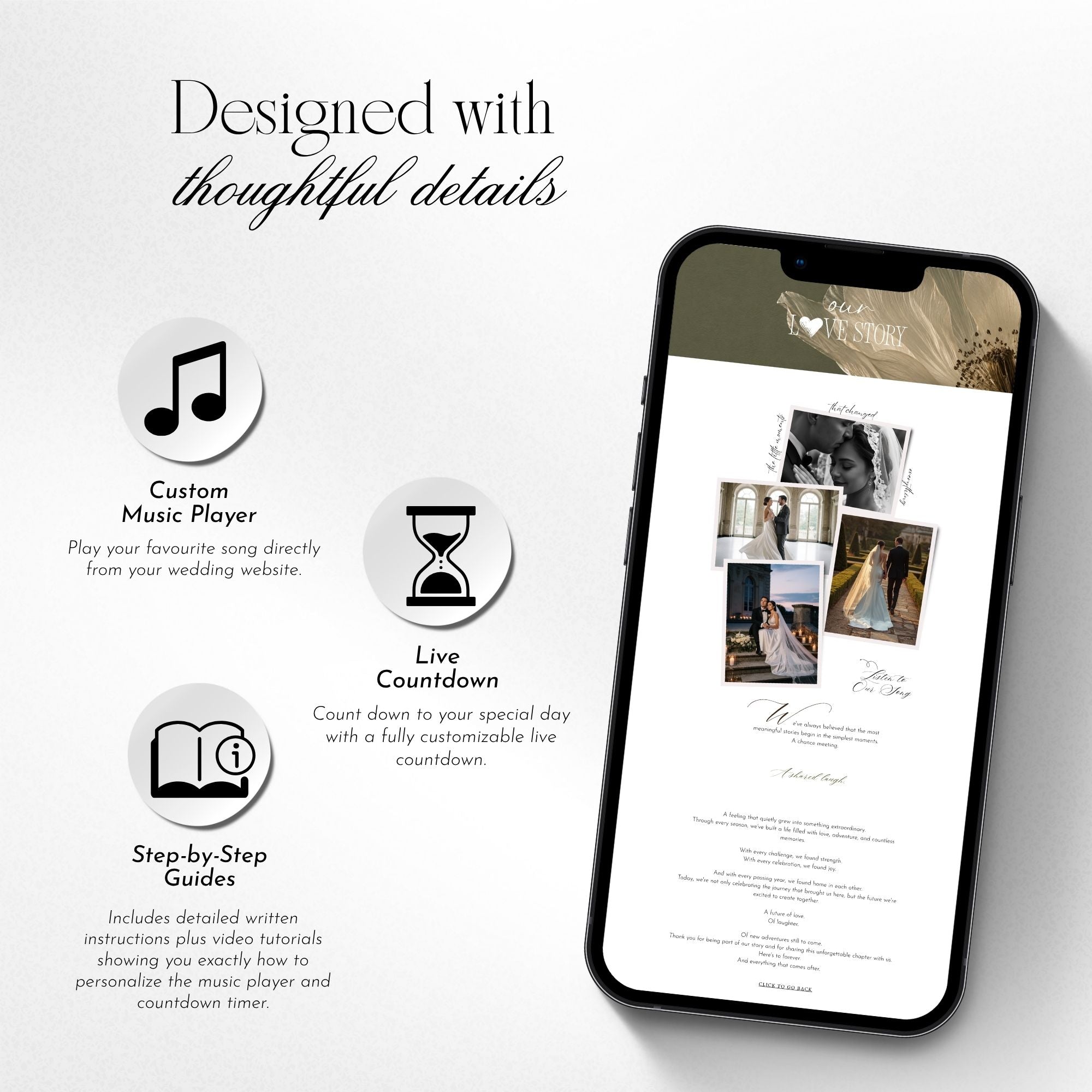 Fully editable photo booth wedding website template designed in Canva.