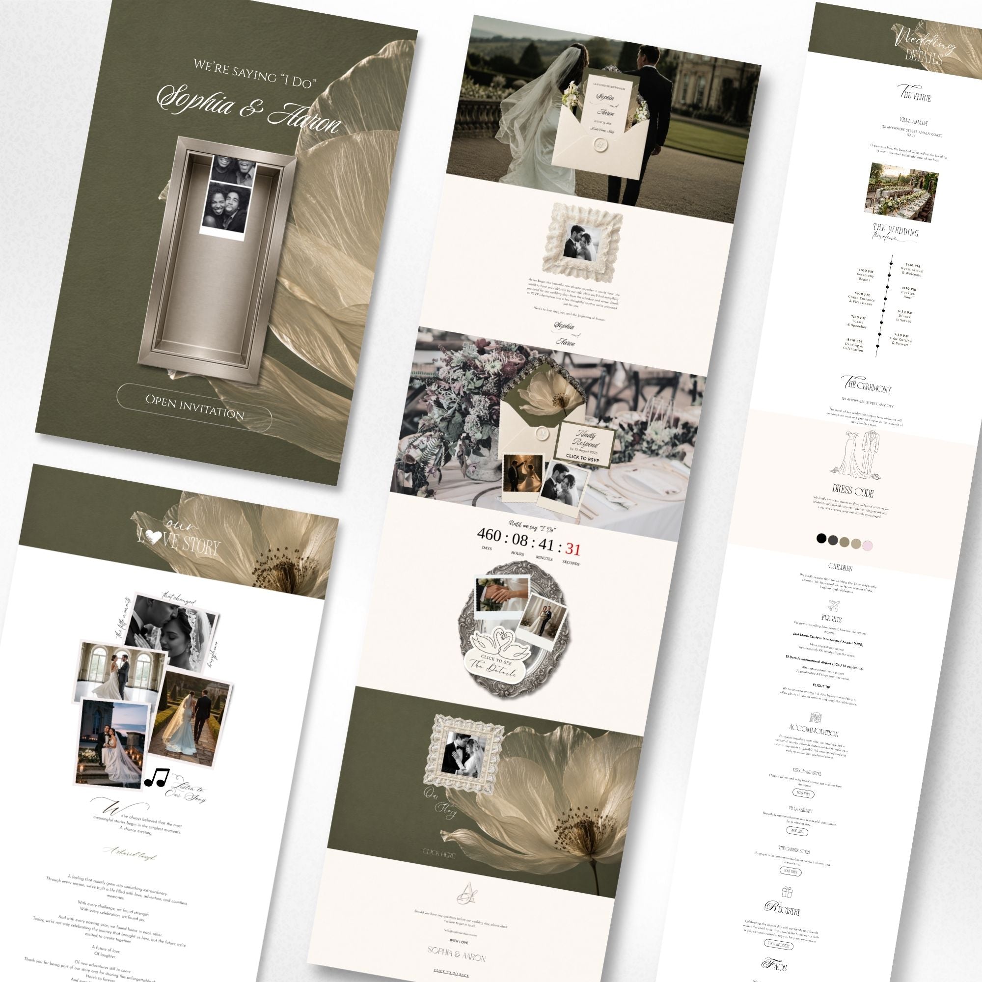 Photo booth wedding website template including homepage, RSVP page, photo booth, timeline, registry, and gallery.