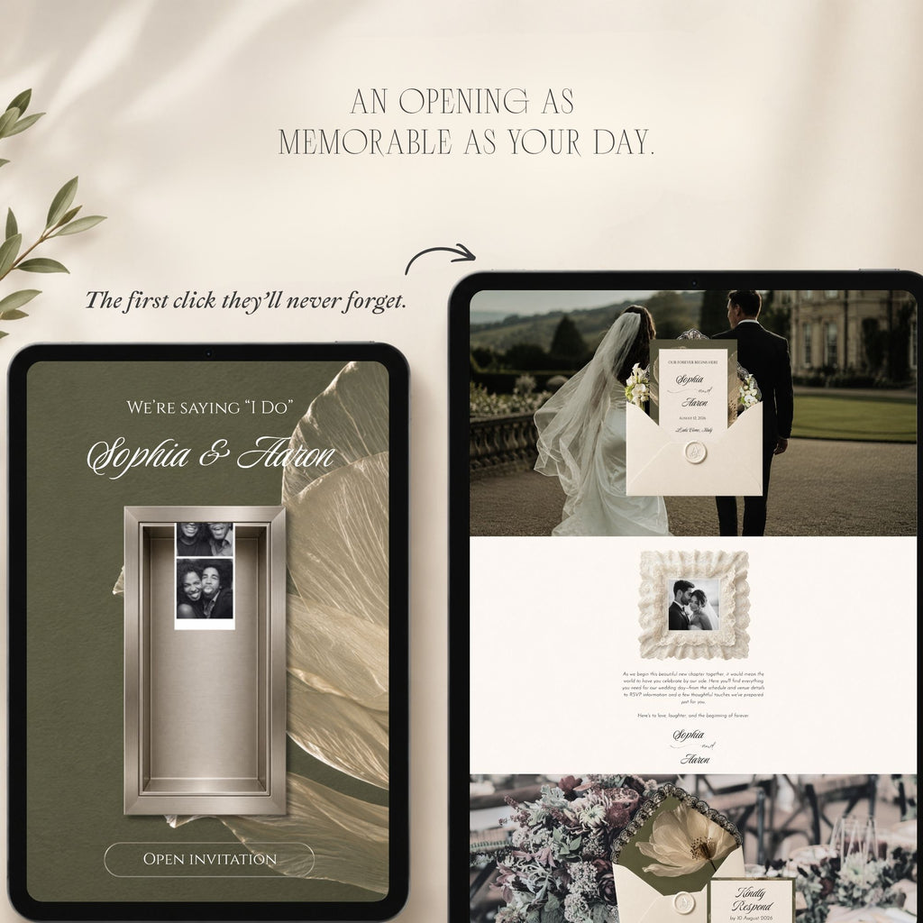 Opening homepage of the photo booth wedding website featuring the interactive invitation and photo booth.