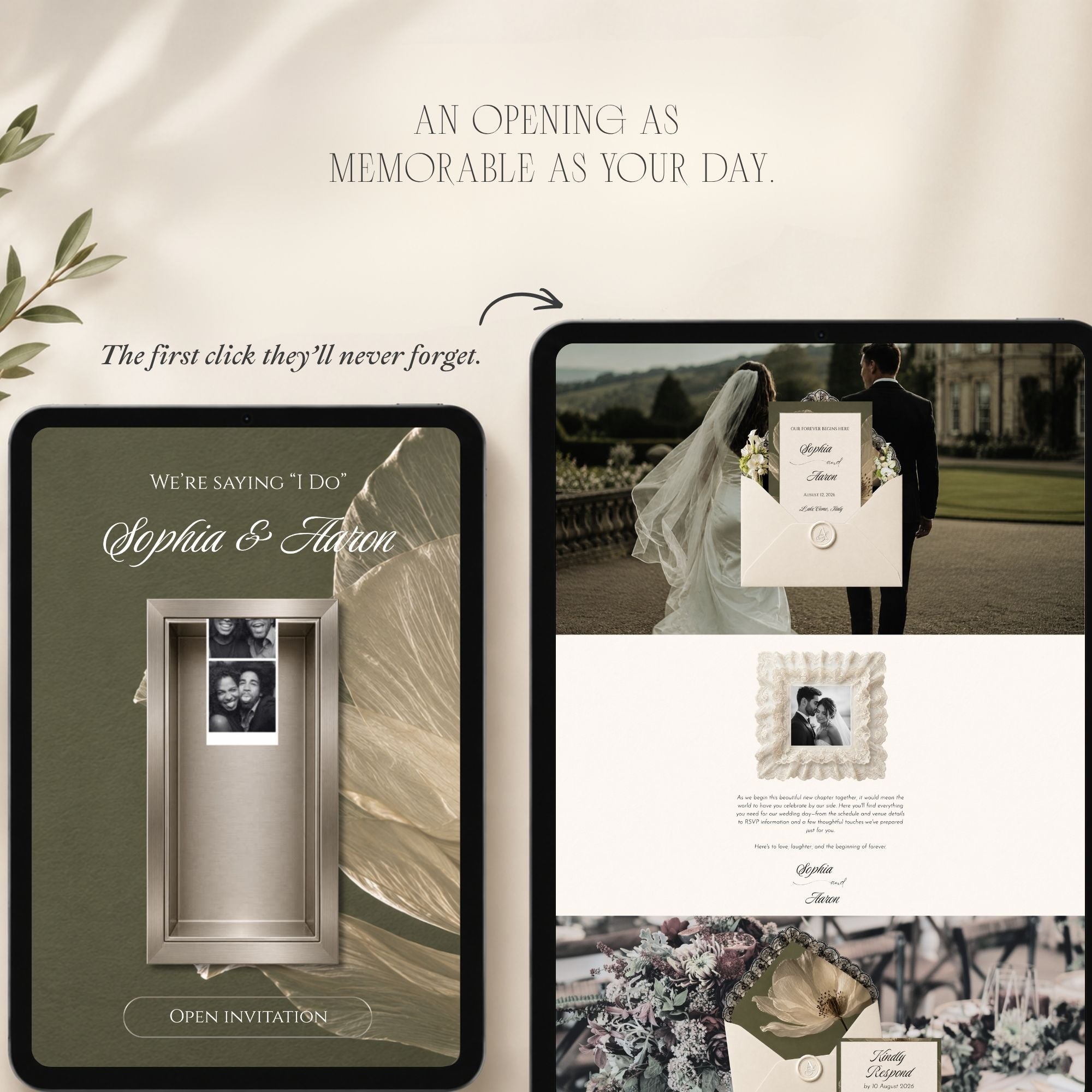 Opening homepage of the photo booth wedding website featuring the interactive invitation and photo booth.