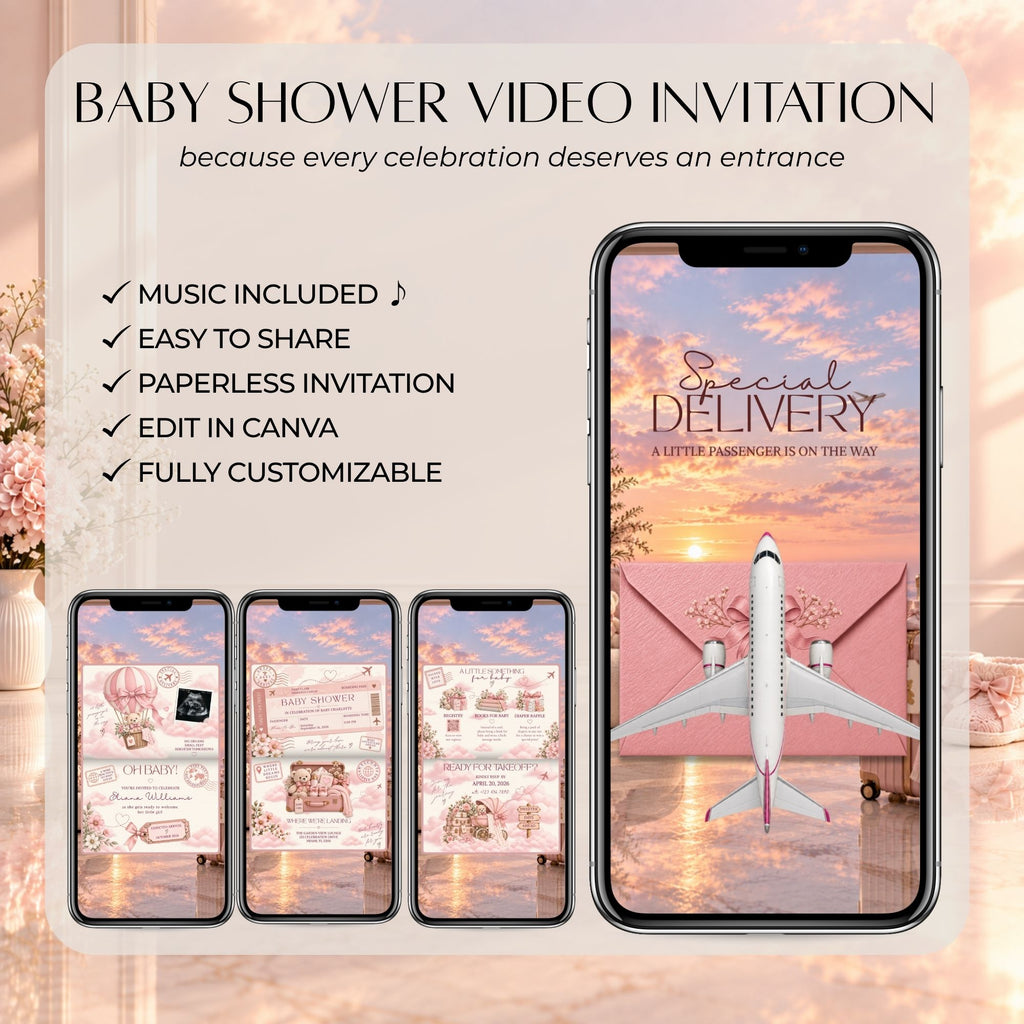 Pink baby shower video invitation with music, easy sharing, paperless format and fully customisable Canva template.