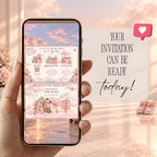 Pink baby shower video invitation displayed on a phone with editable RSVP, registry and celebration information.