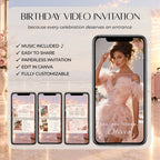 Pink birthday video invitation with music, editable Canva design, personalised birthday details and elegant travel-inspired styling.