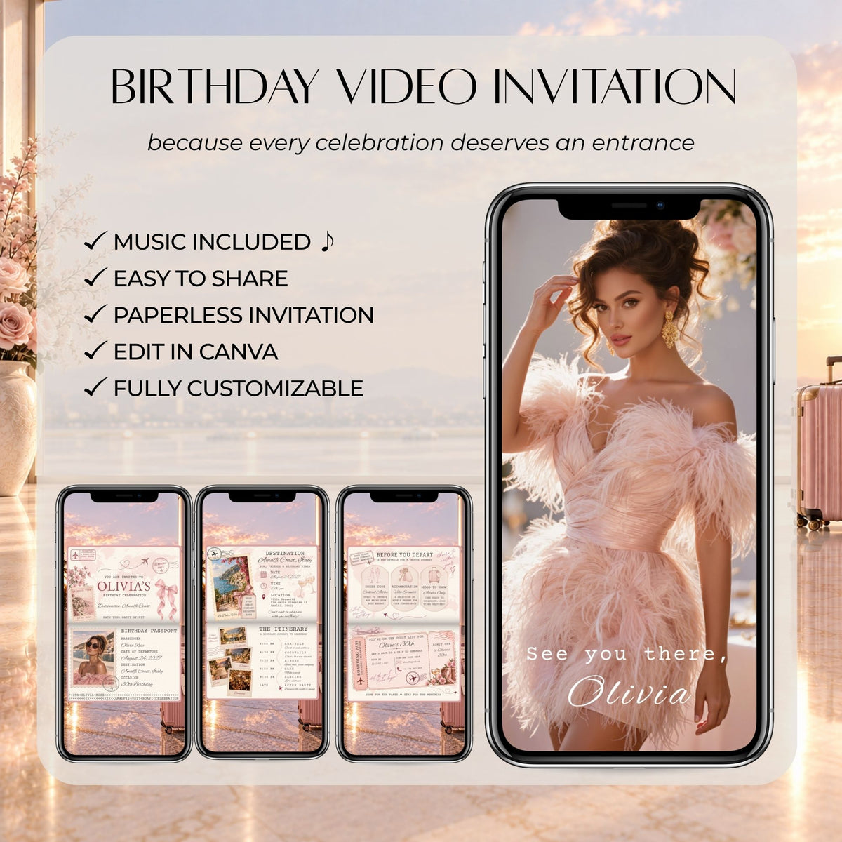 Pink birthday video invitation with music, editable Canva design, personalised birthday details and elegant travel-inspired styling.
