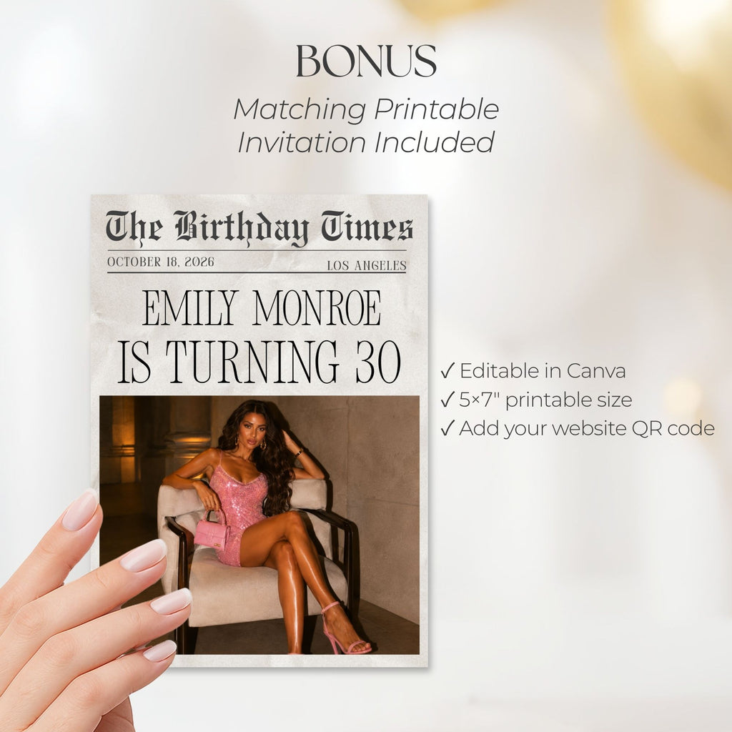 Matching printable birthday invitation included as a bonus with the editable Canva birthday website template.