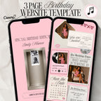 Pink birthday website template featuring an interactive birthday newspaper invitation with RSVP and music.