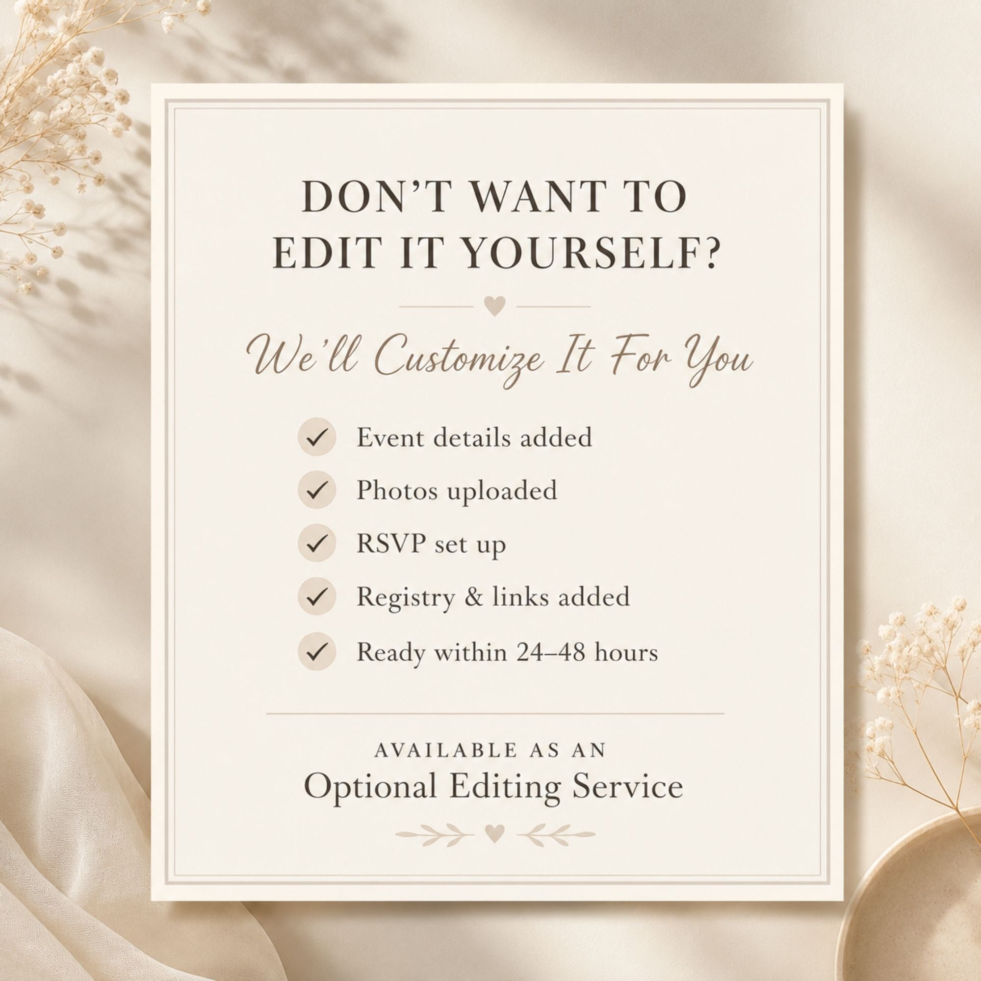 Optional editing service add-on available for the Canva birthday website template.