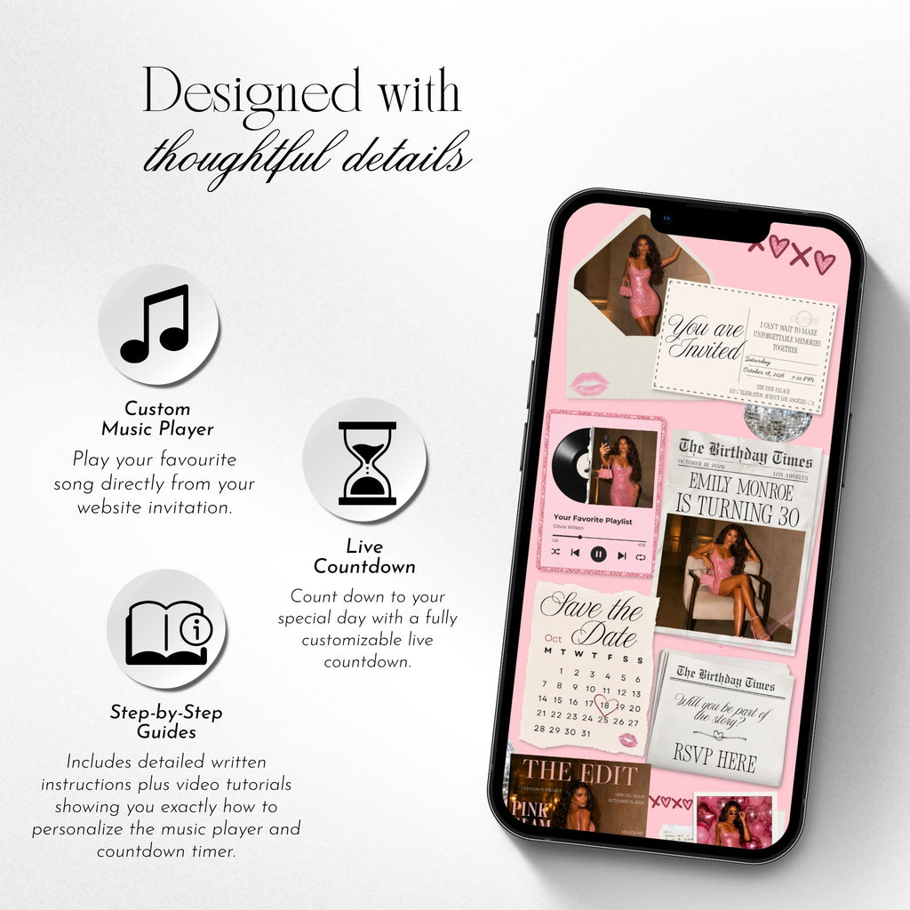 Birthday website template featuring invitation, RSVP, countdown, music, photo booth, and gallery sections.