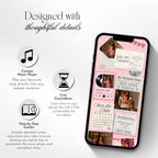 Birthday website template featuring invitation, RSVP, countdown, music, photo booth, and gallery sections.