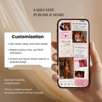 Editable Canva birthday website template with customizable text, fonts, colours, photos, and links.