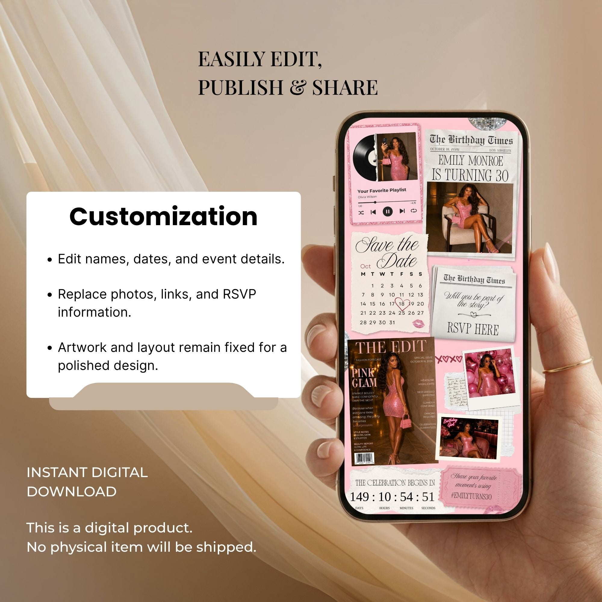 Editable Canva birthday website template with customizable text, fonts, colours, photos, and links.