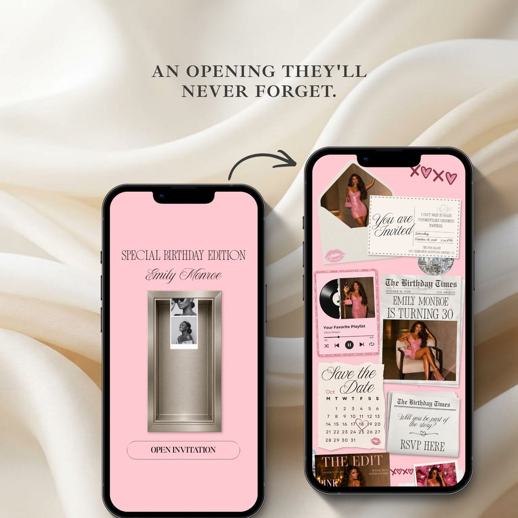 Fully editable pink birthday website template designed in Canva.