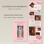 Birthday website template including invitation, RSVP, countdown, music, photo booth, gallery, and event details.