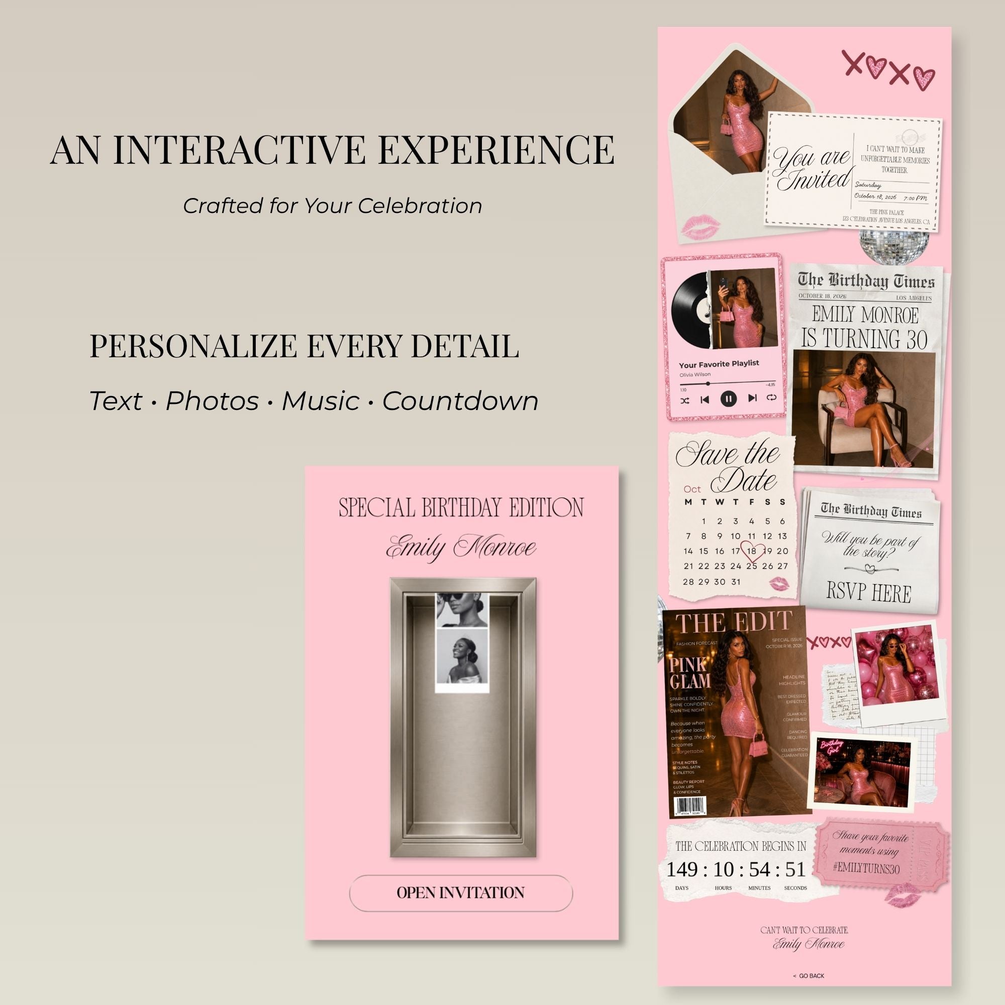 Birthday website template including invitation, RSVP, countdown, music, photo booth, gallery, and event details.